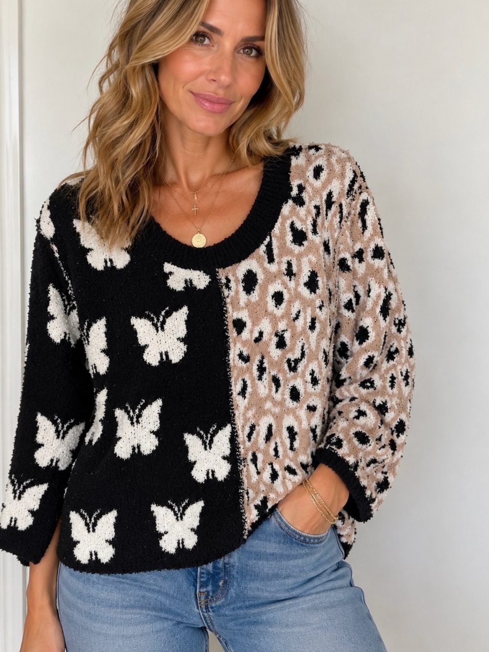 POL Butterfly & Leopard Colorblock Fuzzy Sweater – Size Large